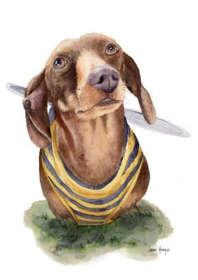Watercolour art print of sausage dog, daschund wearing a bee costume, hand-painted by Laura Hamzic.