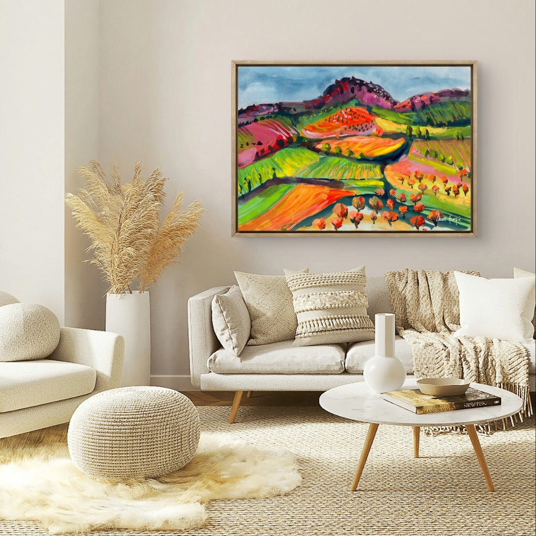 Watercolour art print of a whimsical, abstract landscape - Rainbow Valley, hand-painted by Laura Hamzic.