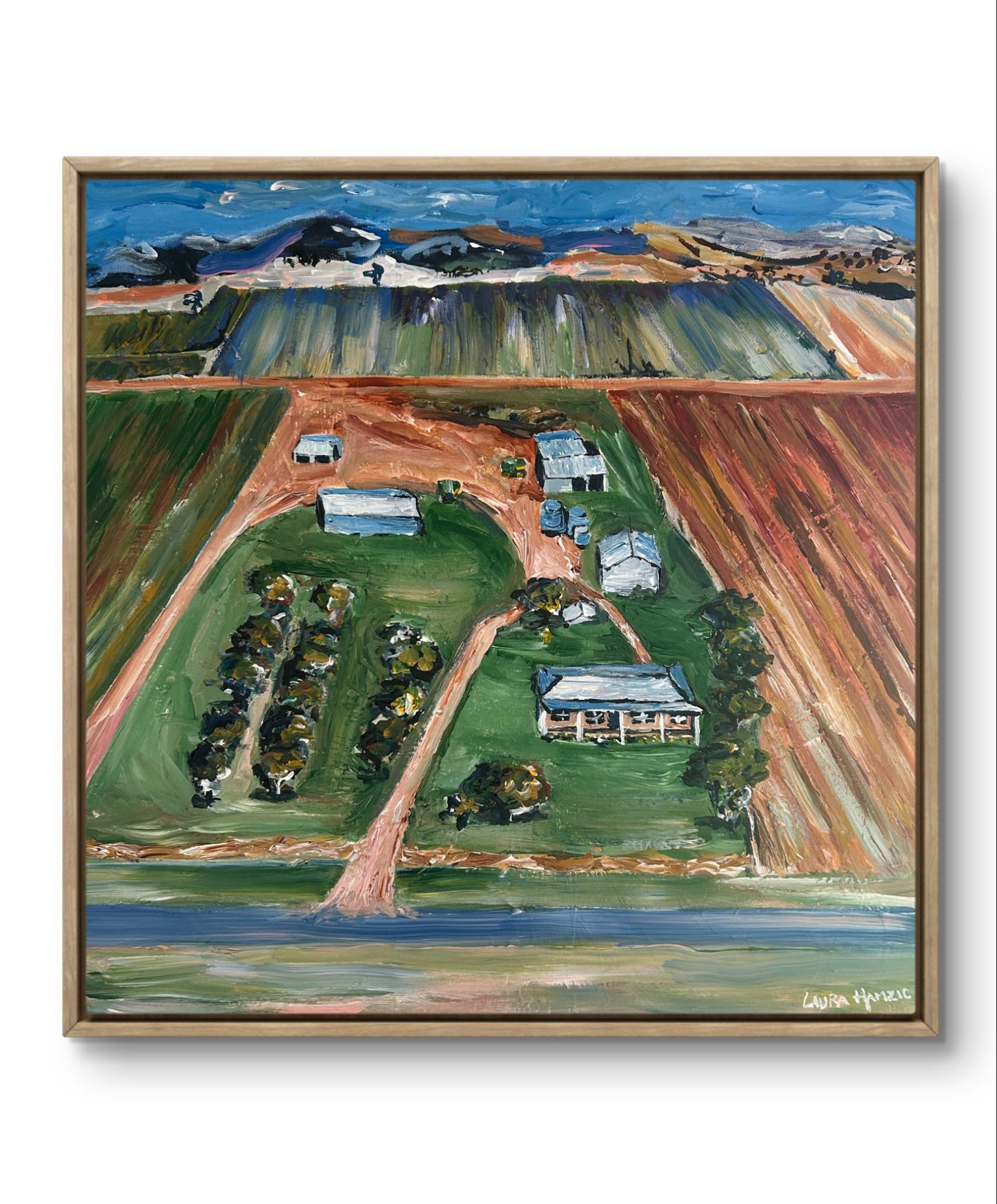 Custom acrylic painting of a farm landscape, hand-painted by Laura Hamzic.