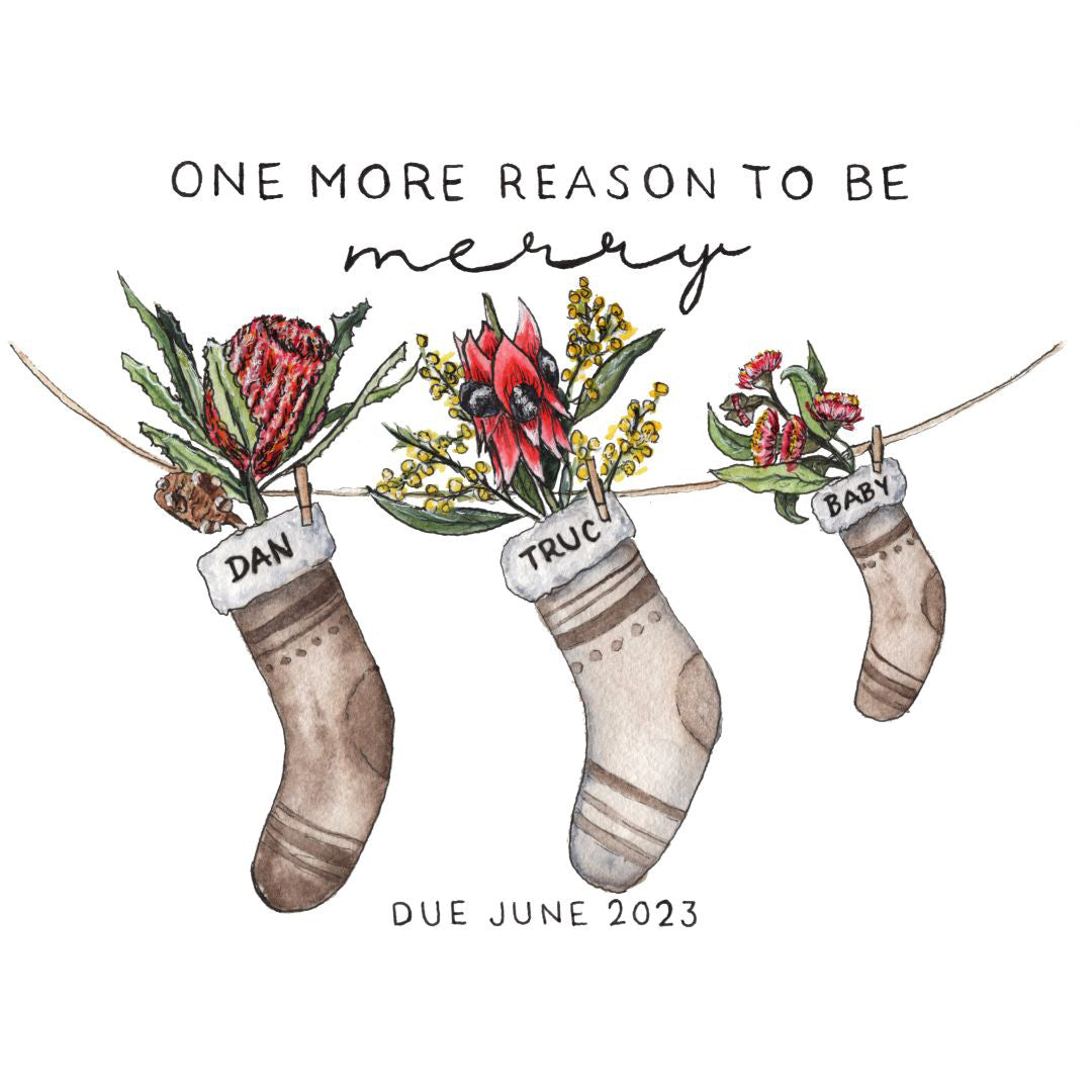 Personalised baby announcement and Christmas card design with Australian native flowers in Santa sacks - custom artwork by Laura Hamzic.