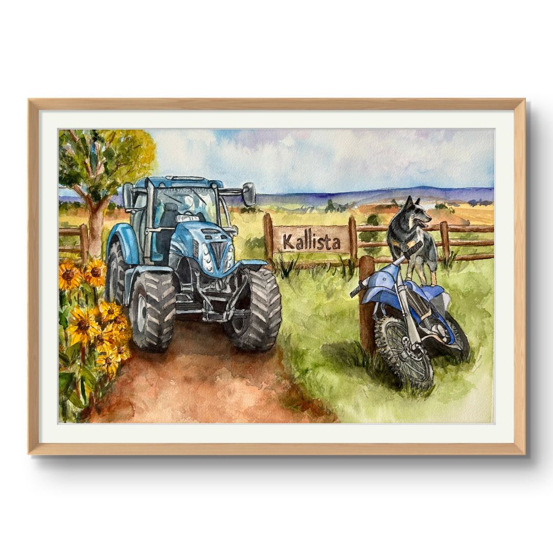 Whimsical farm scene with a tractor, motorbike, dog, and sunflowers - custom hand-painted artwork by Laura Hamzic for a child's bedroom.