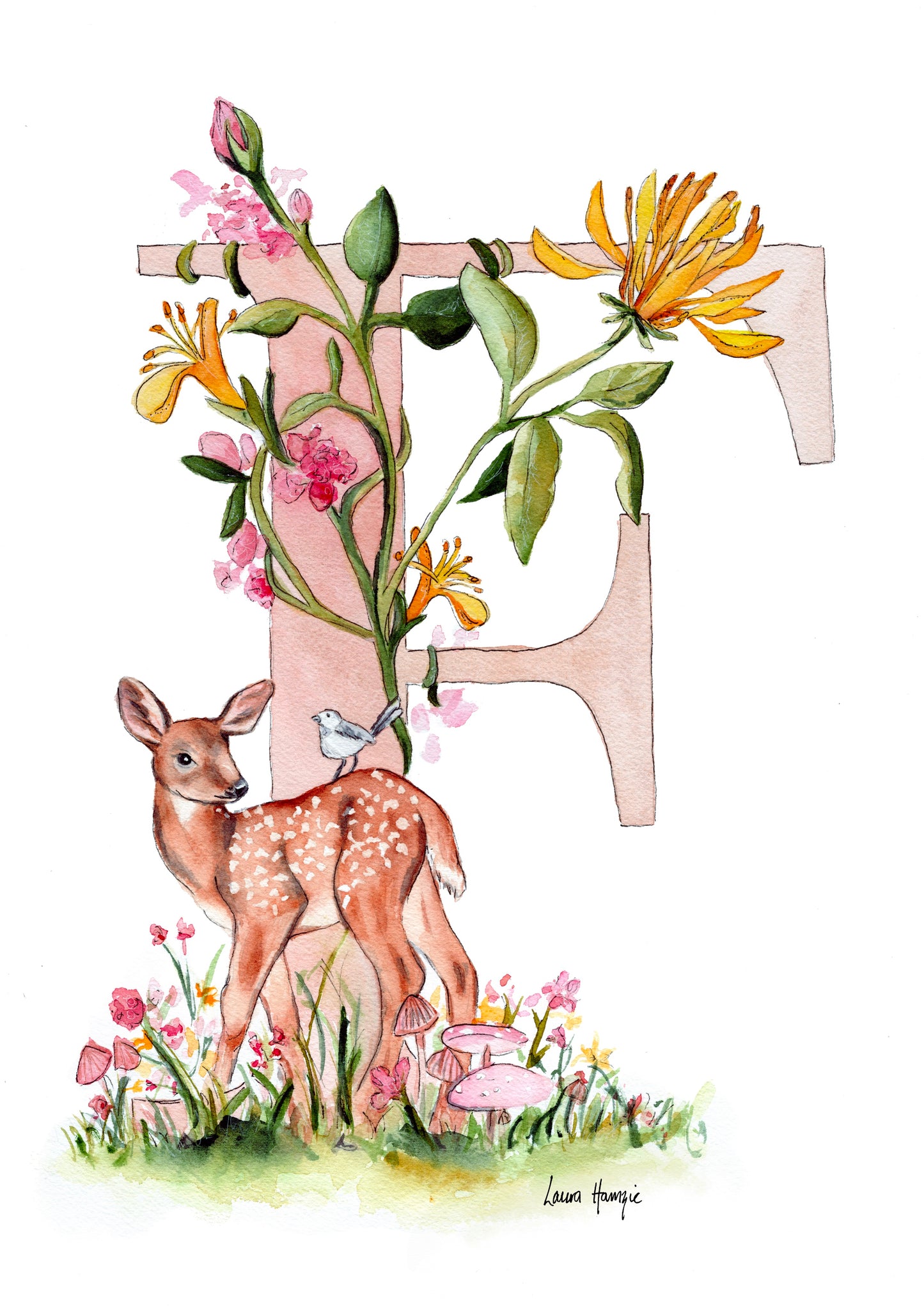 F is for Fawn - Custom watercolour art print featuring a child’s name or initial, illustrated with their favourite things – hand-painted by Laura Hamzic