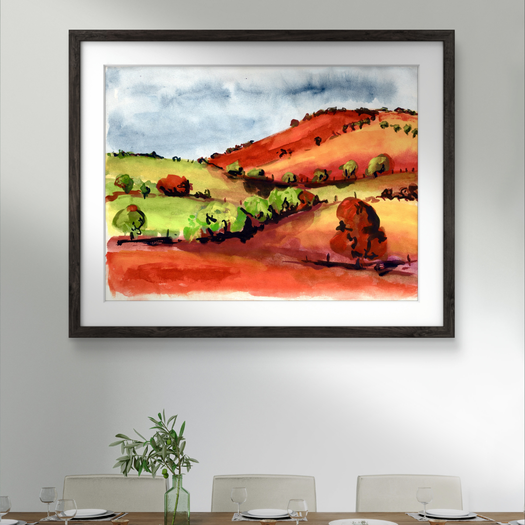 Watercolour art print of a whimsical, abstract landscape - Orange Rolling Hills, hand-painted by Laura Hamzic.