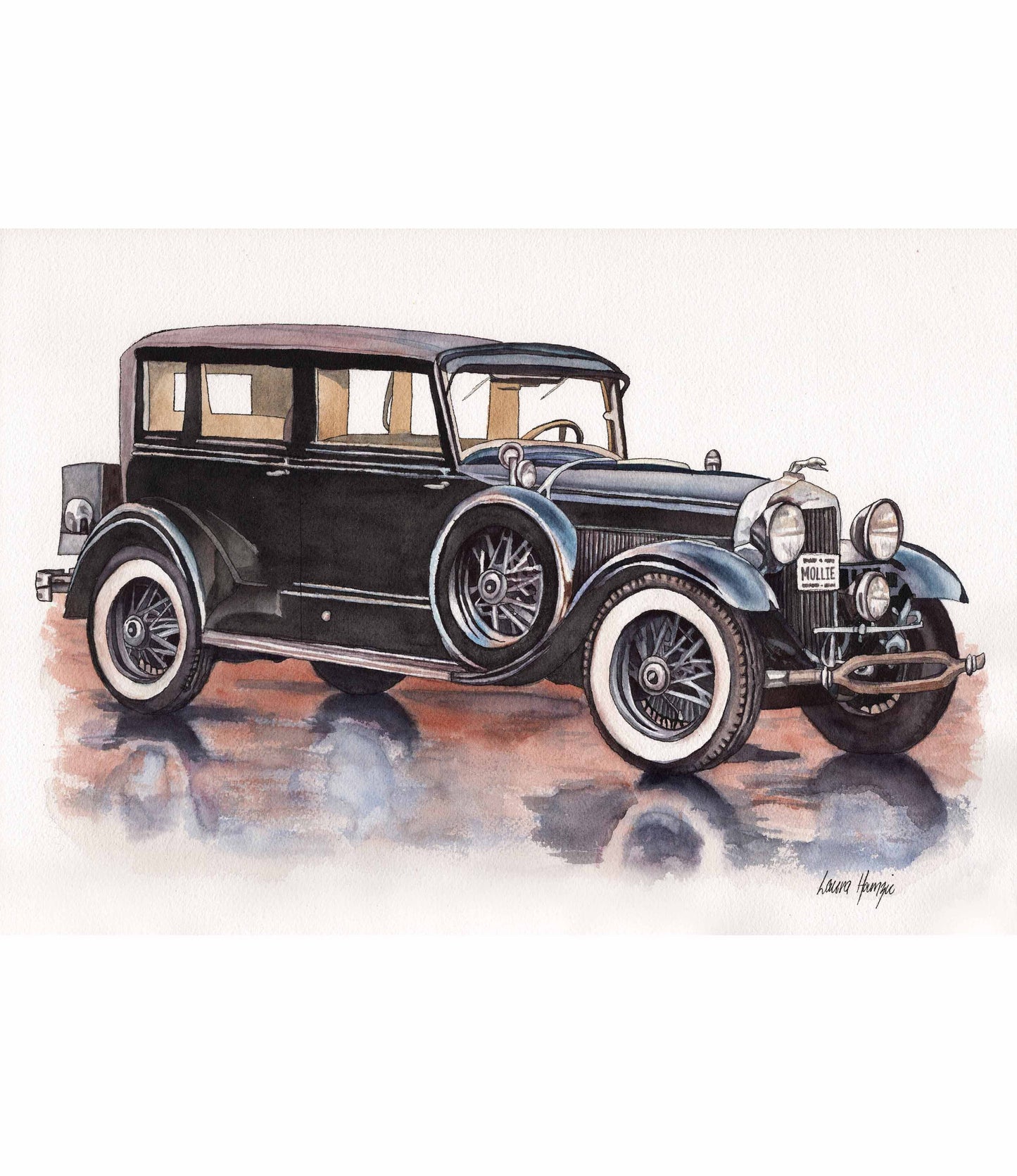 Realistic watercolour painting of Alice Cummins - Lincoln limousine, hand-painted by Laura Hamzic