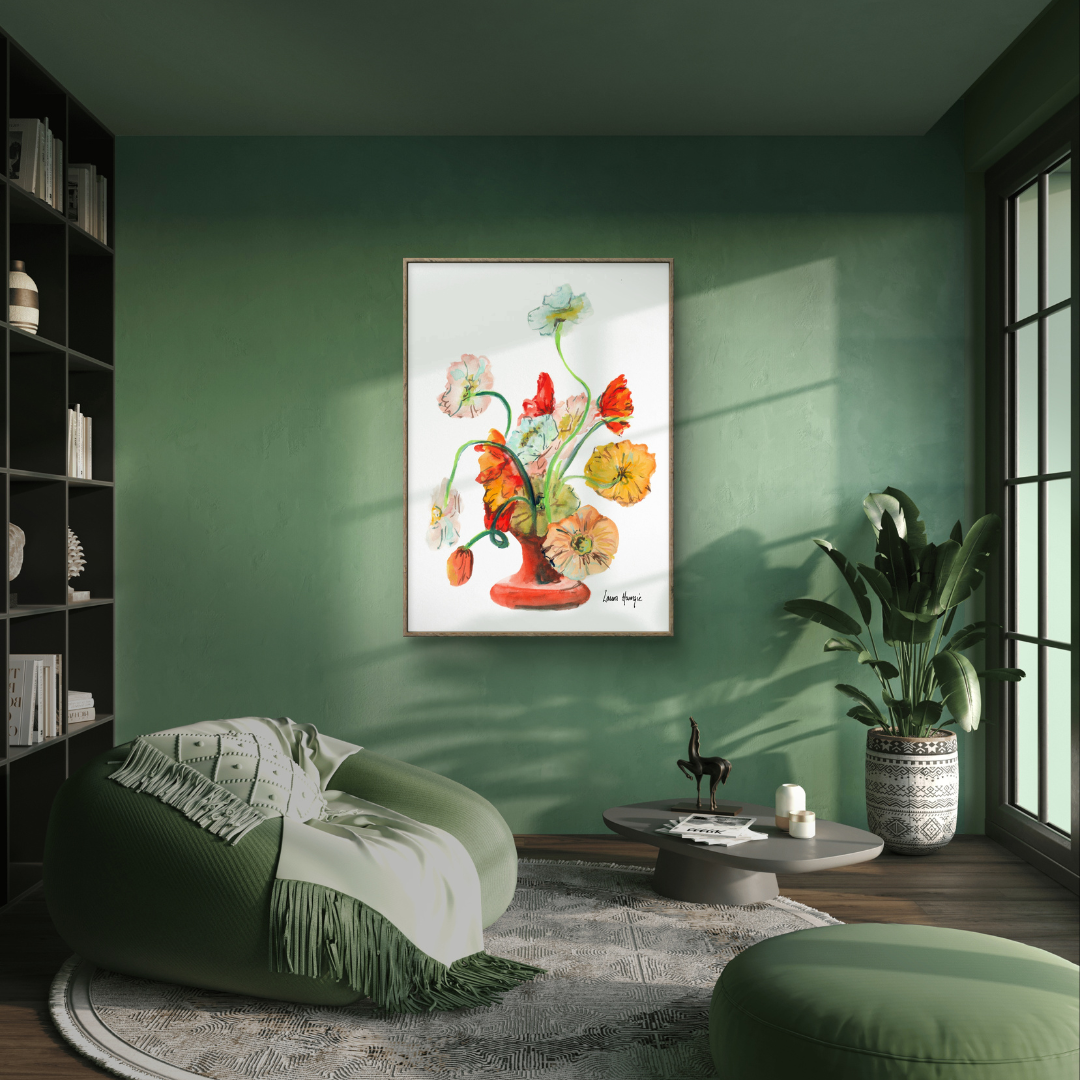 Watercolour art print of an orange vase of Cosmos flowers, hand-painted by Laura Hamzic.