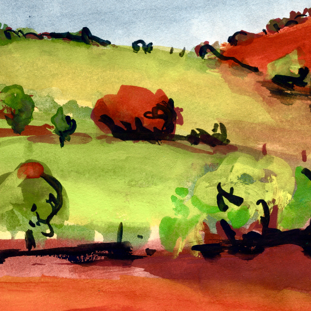 Watercolour art print of a whimsical, abstract landscape - Orange Rolling Hills, hand-painted by Laura Hamzic.
