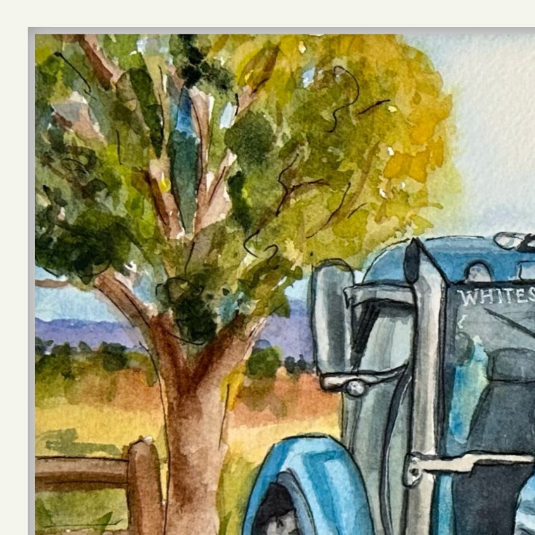 Whimsical farm scene with a tractor, cow, dog, and flowers - custom hand-painted artwork by Laura Hamzic for a child's bedroom.