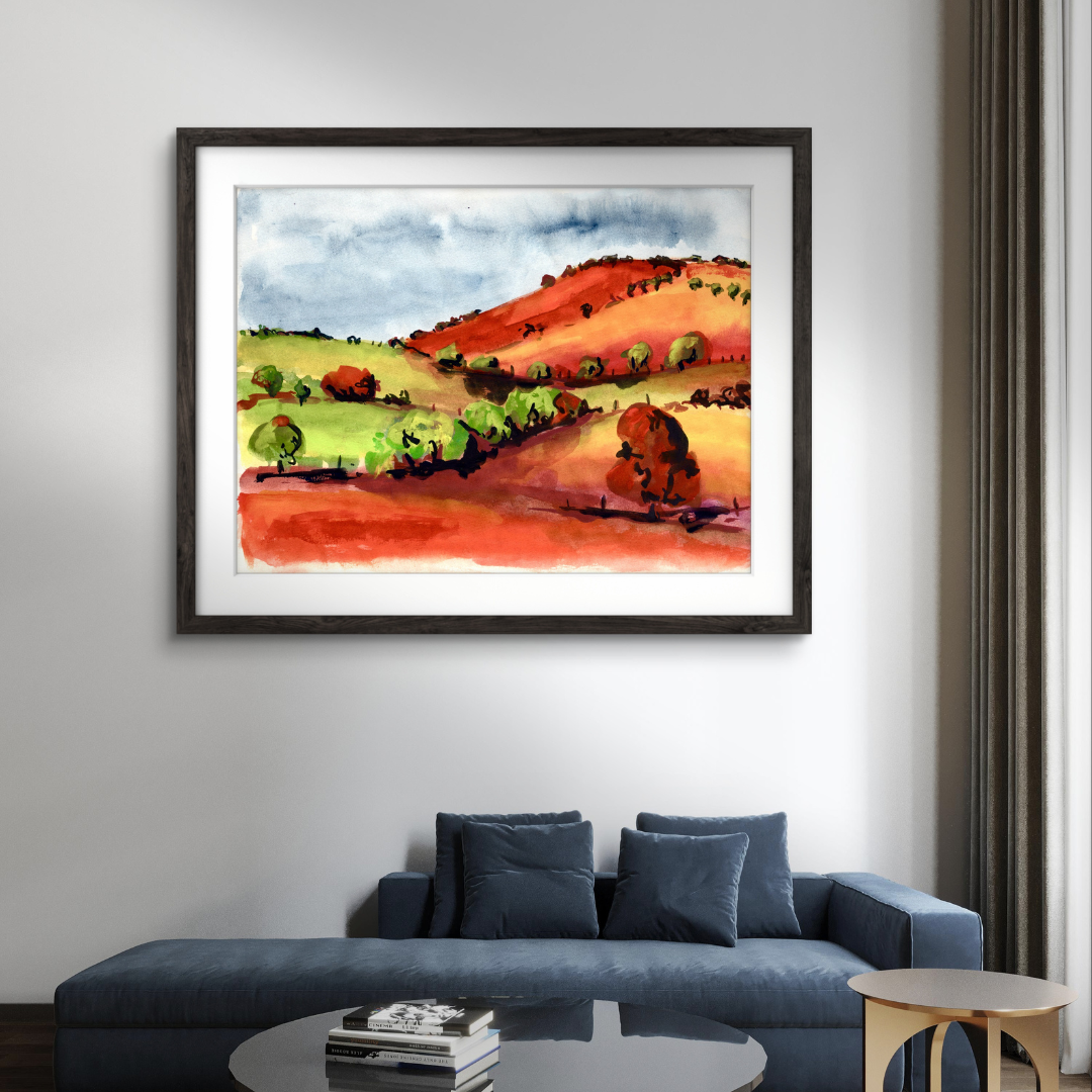 Watercolour art print of a whimsical, abstract landscape - Orange Rolling Hills, hand-painted by Laura Hamzic.
