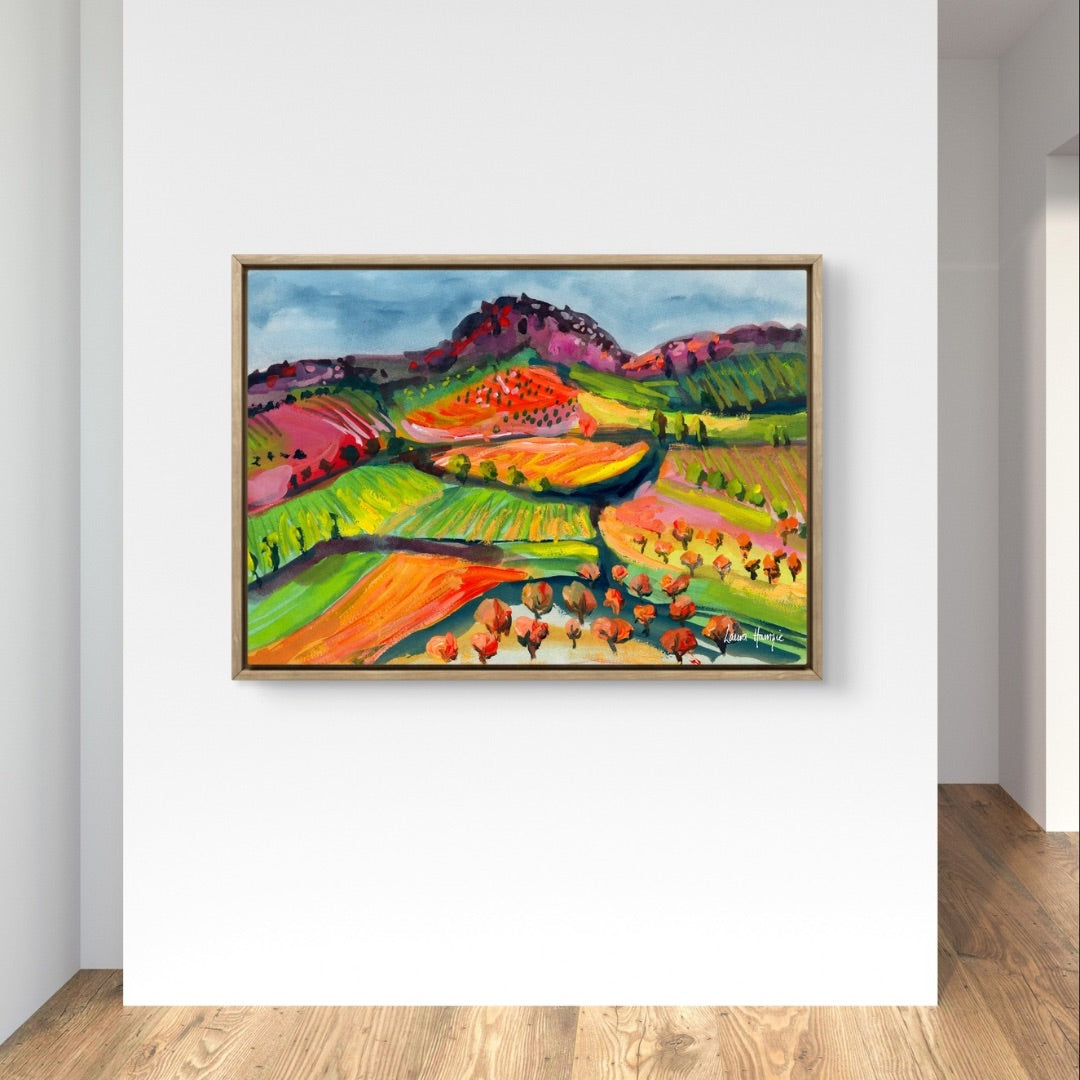 Watercolour art print of a whimsical, abstract landscape - Rainbow Valley, hand-painted by Laura Hamzic.