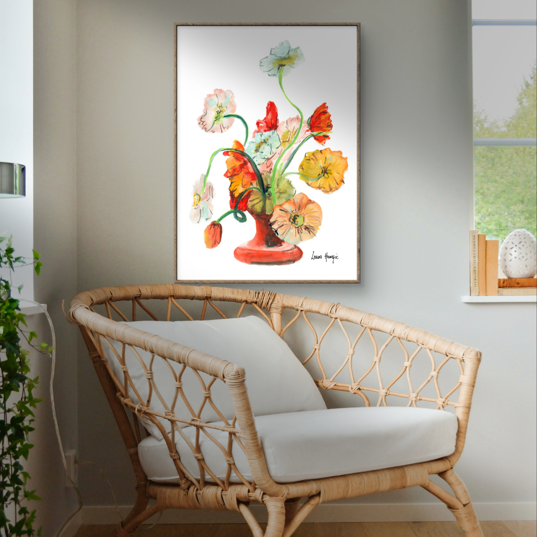 Watercolour art print of an orange vase of Cosmos flowers, hand-painted by Laura Hamzic.