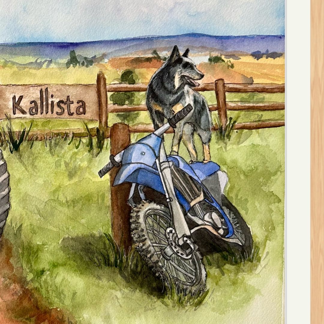 Whimsical farm scene with a tractor, cow, dog, and flowers - custom hand-painted artwork by Laura Hamzic for a child's bedroom.