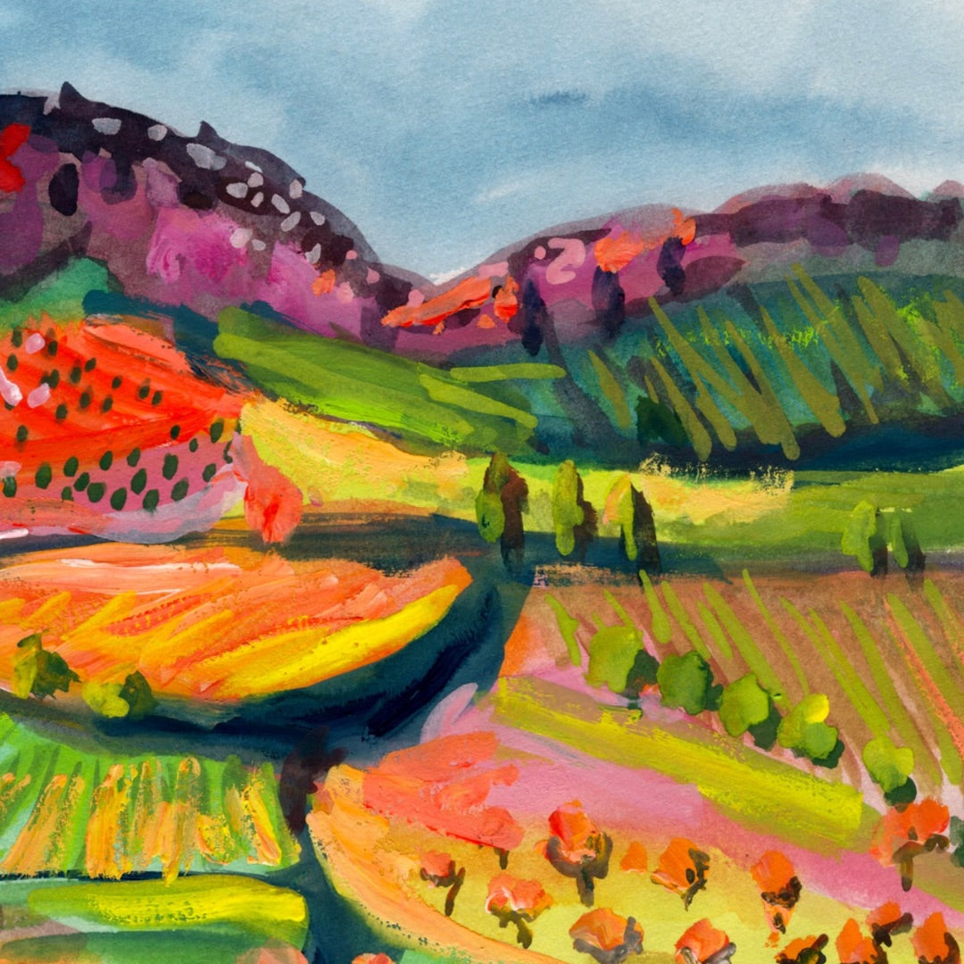 Watercolour art print of a whimsical, abstract landscape - Rainbow Valley, hand-painted by Laura Hamzic.
