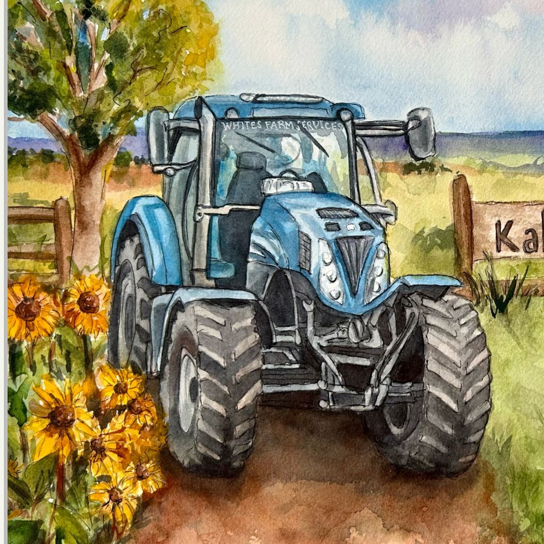 Whimsical farm scene with a tractor, cow, dog, and flowers - custom hand-painted artwork by Laura Hamzic for a child's bedroom.
