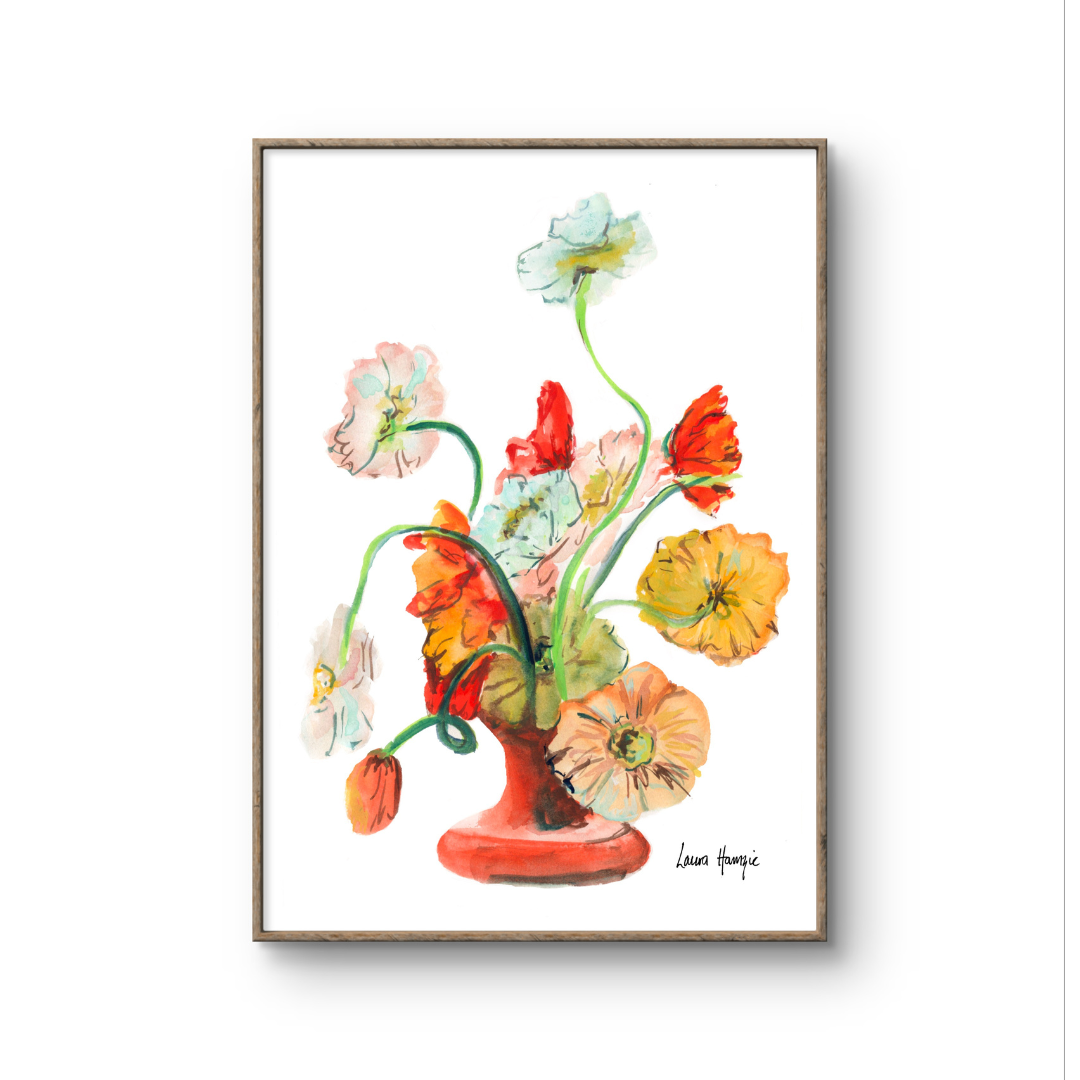 Watercolour art print of an orange vase of Cosmos flowers, hand-painted by Laura Hamzic.
