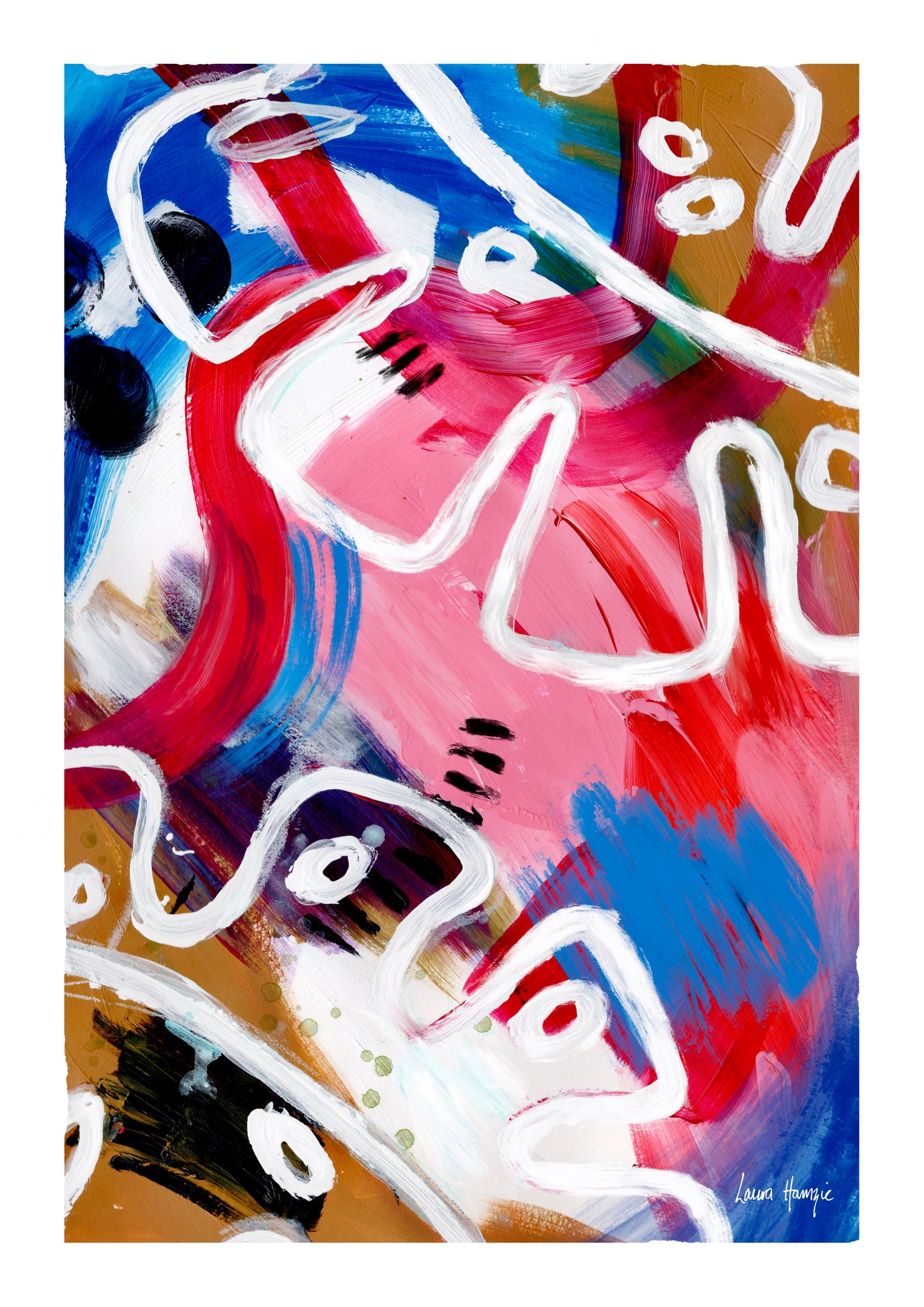 Acrylic Abstract painting art print using bold colours and white leaf outlines - by Laura Hamzic Australian Artist