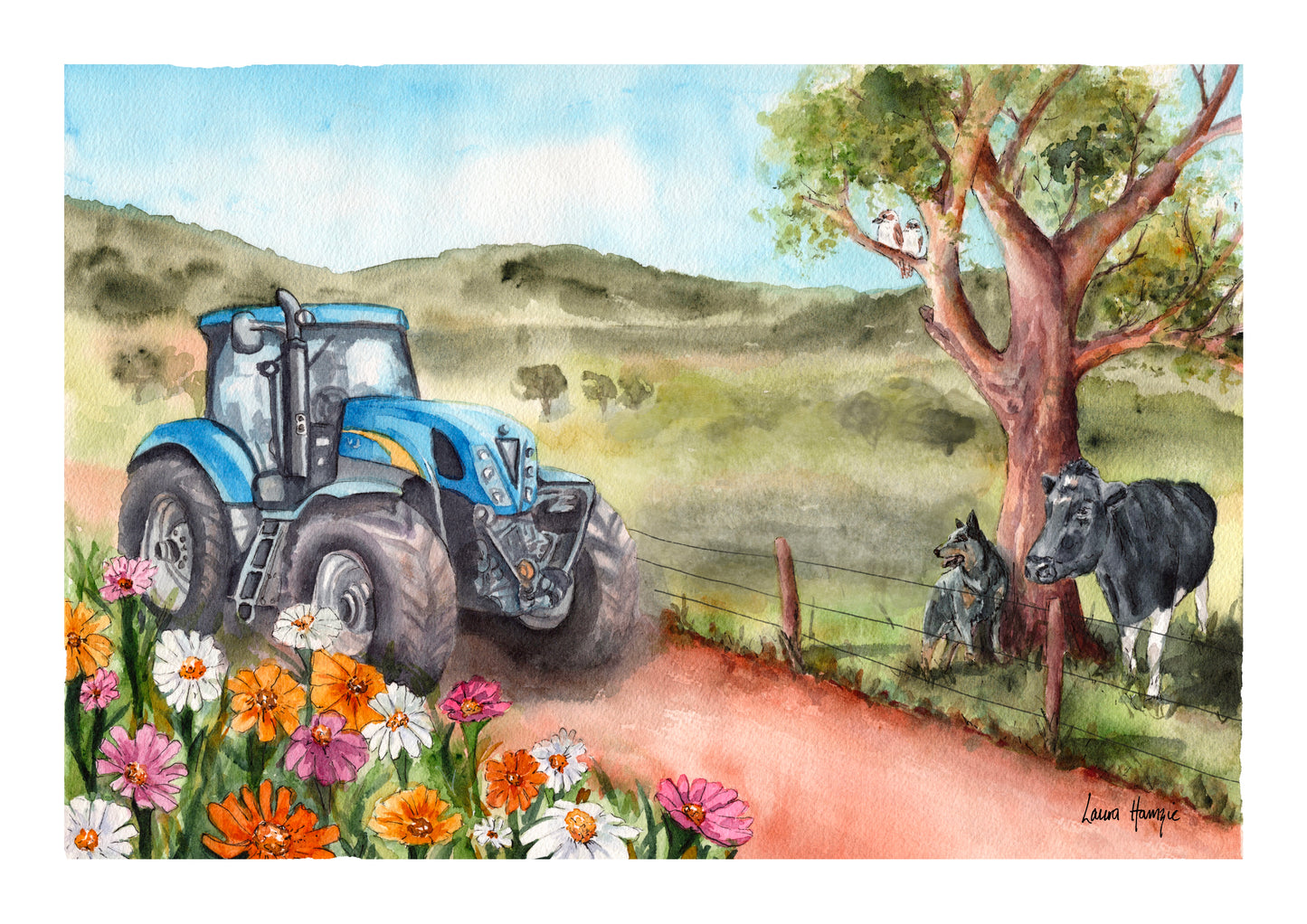Art print of a Whimsical farm scene with a tractor, cow, dog, and flowers - hand-painted artwork by Laura Hamzic for a child's bedroom.
