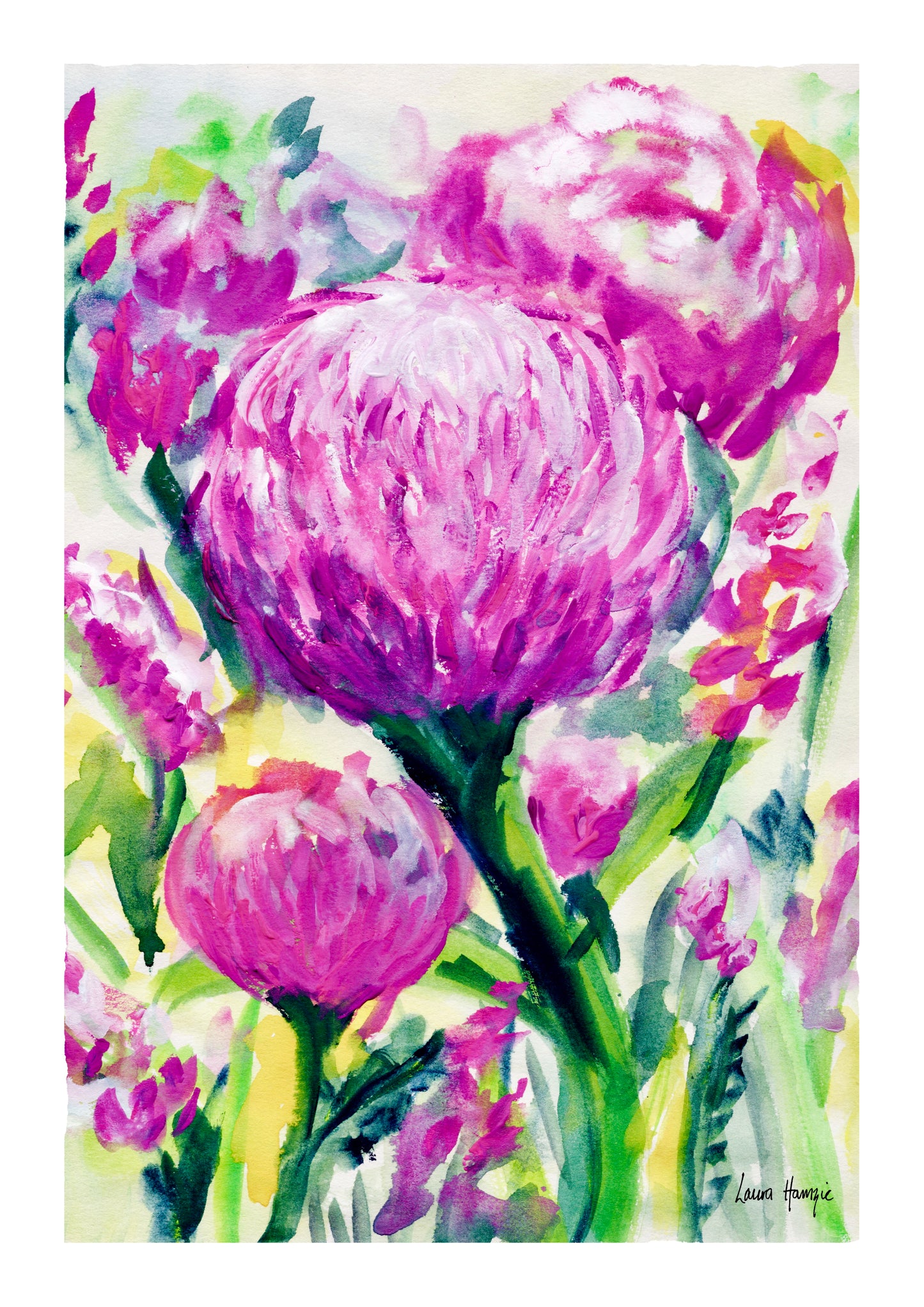 Watercolour art print of a whimsical loose field of purple dahlia flowers, hand-painted by Laura Hamzic.