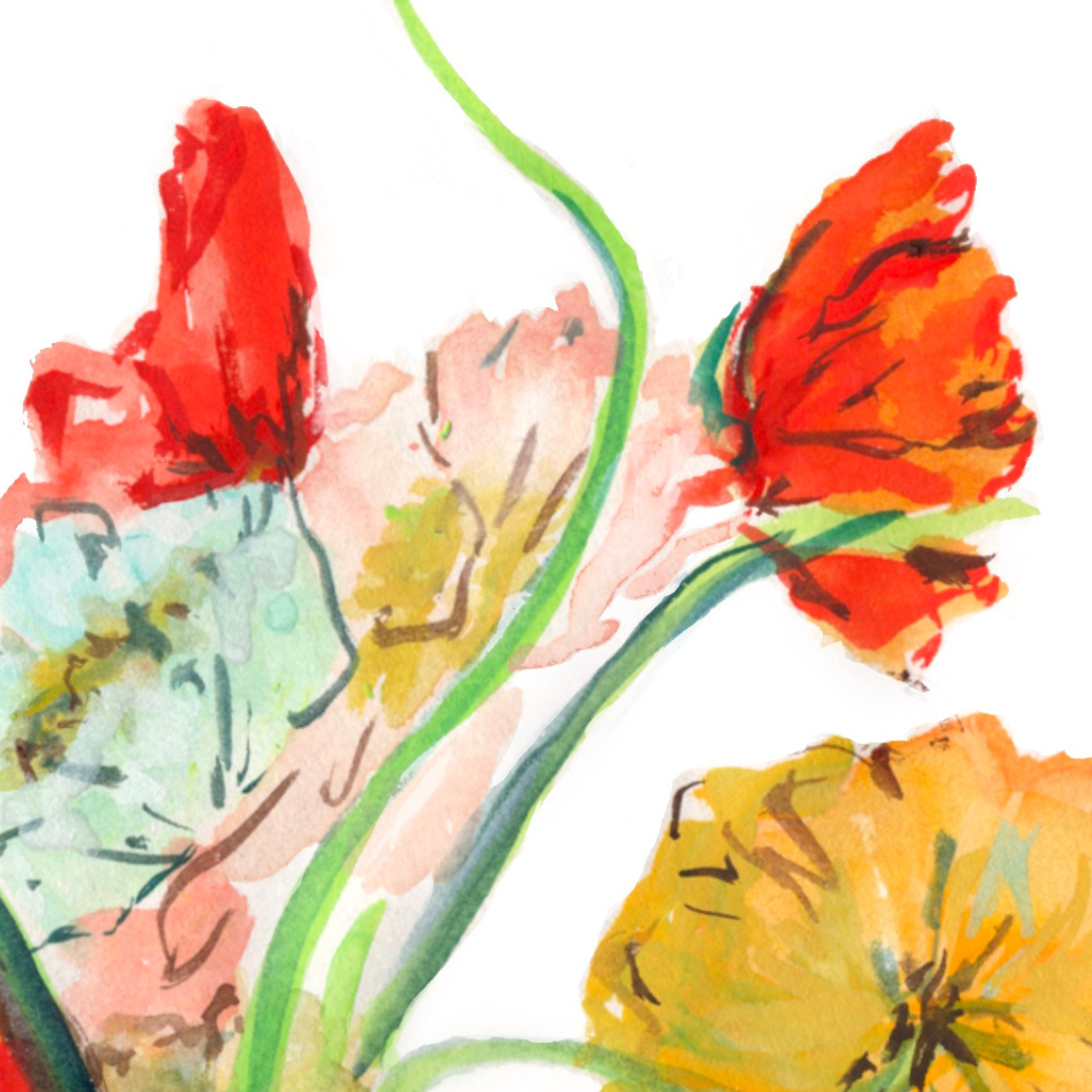 Watercolour art print of an orange vase of Cosmos flowers, hand-painted by Laura Hamzic.