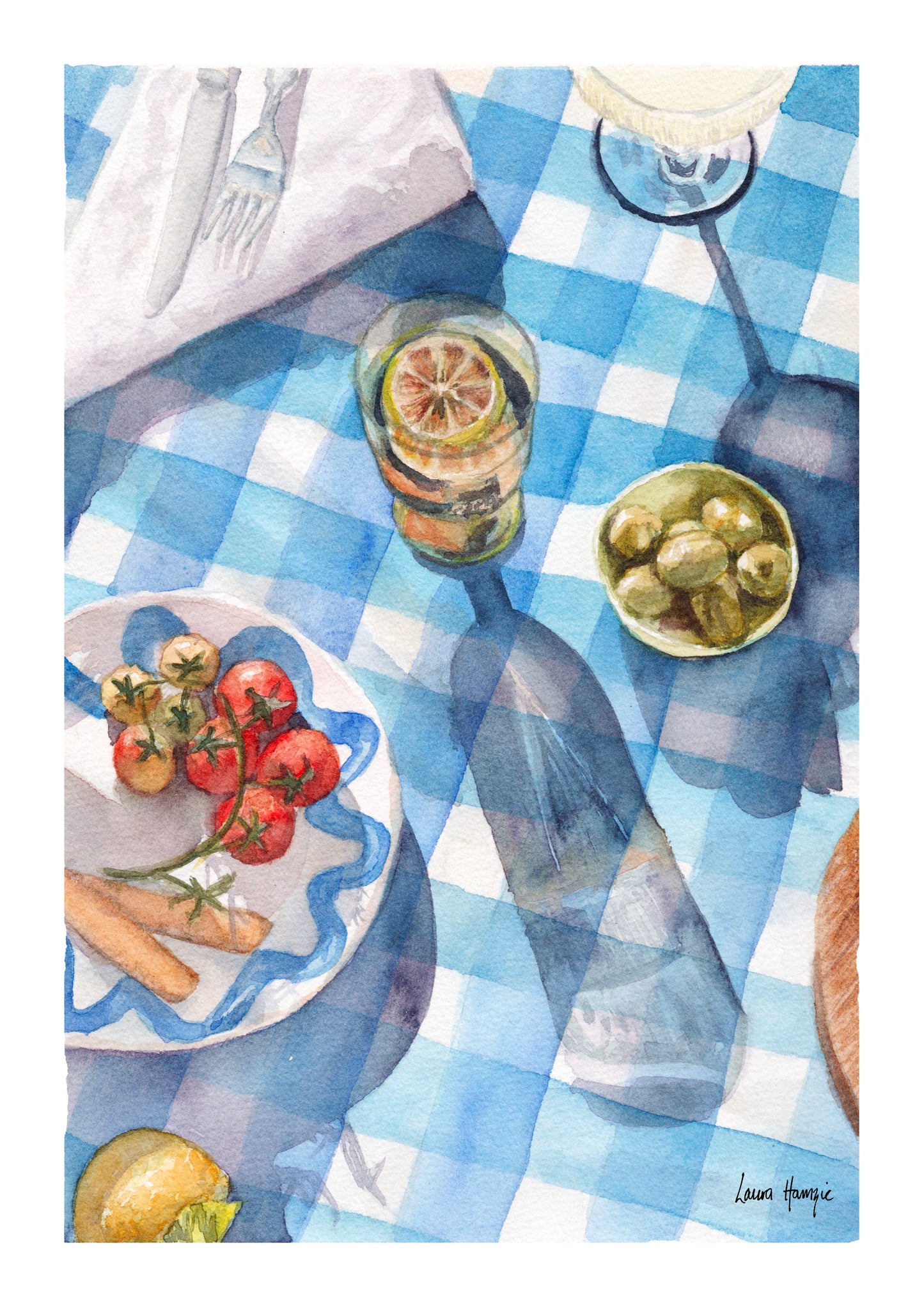 Watercolour art print of a blue and white gingham table setting, greek theme with tomatos, olives and champagne in the sunlight, hand-painted by Laura Hamzic.