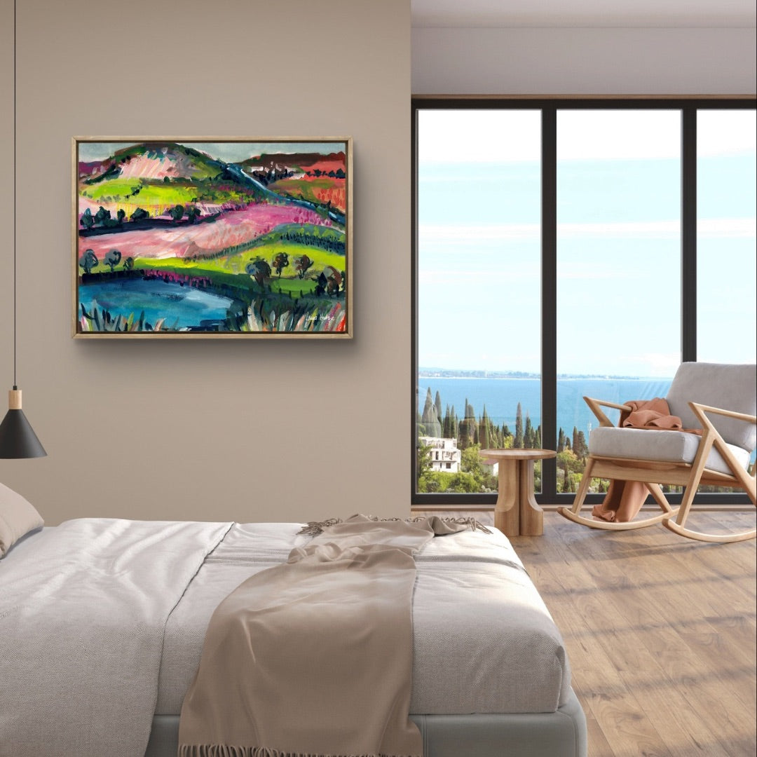 Watercolour art print of a whimsical, abstract landscape - Pink Rolling Hills, hand-painted by Laura Hamzic.