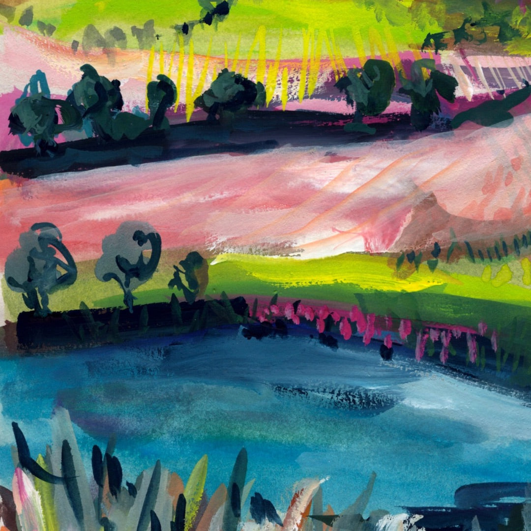 Watercolour art print of a whimsical, abstract landscape - Pink Rolling Hills, hand-painted by Laura Hamzic.