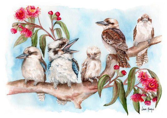 Watercolour art print of a painting of a kookaburra family gathered in a gum tree surrounded by eucalyptus blossoms - hand-painted artwork by Laura Hamzic.