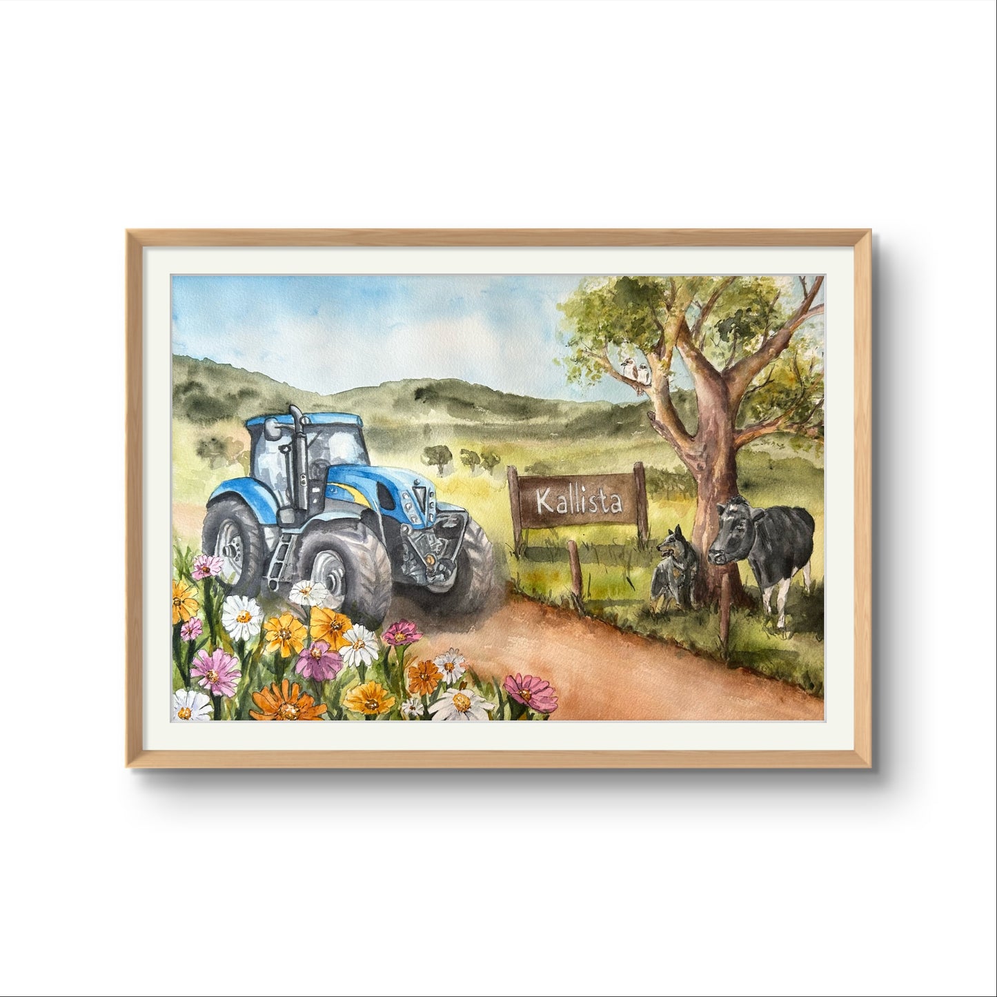 Whimsical farm scene with a tractor, cow, dog, and flowers - custom hand-painted artwork by Laura Hamzic for a child's bedroom.