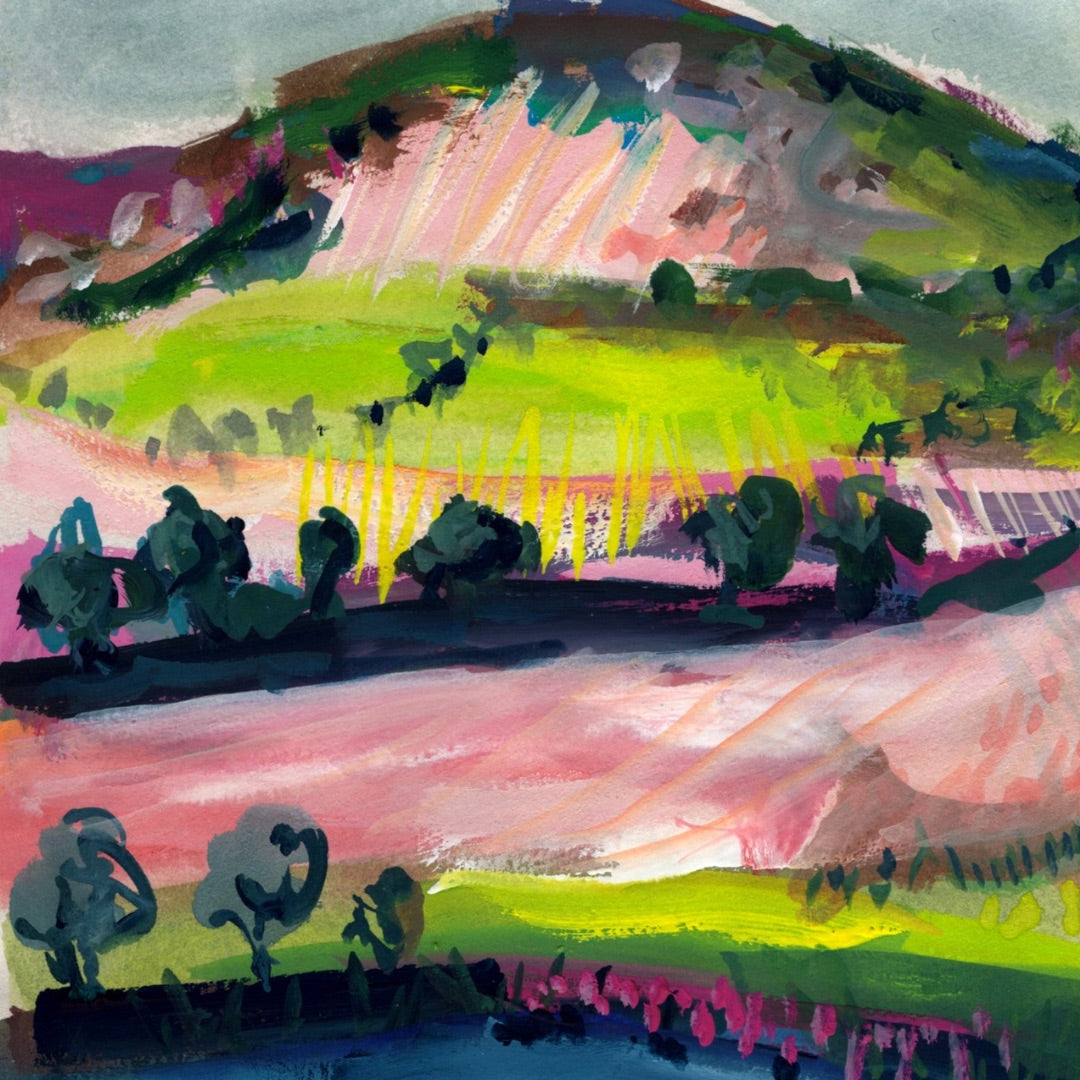 Watercolour art print of a whimsical, abstract landscape - Pink Rolling Hills, hand-painted by Laura Hamzic.