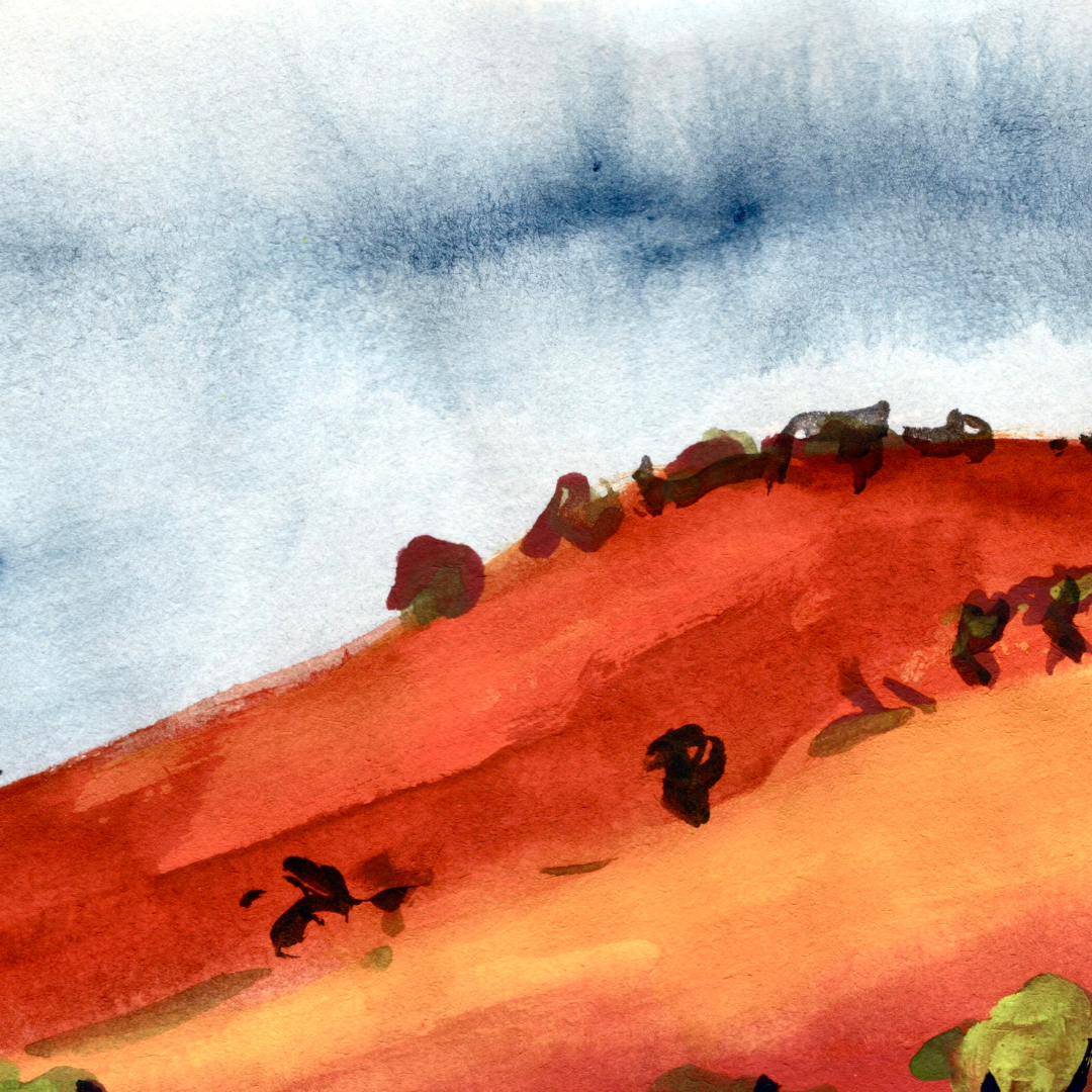 Watercolour art print of a whimsical, abstract landscape - Orange Rolling Hills, hand-painted by Laura Hamzic.