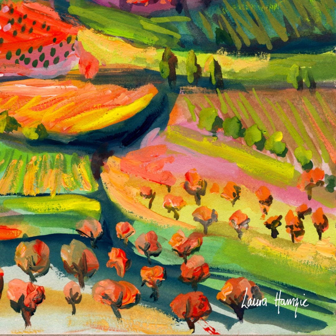 Watercolour art print of a whimsical, abstract landscape - Rainbow Valley, hand-painted by Laura Hamzic.