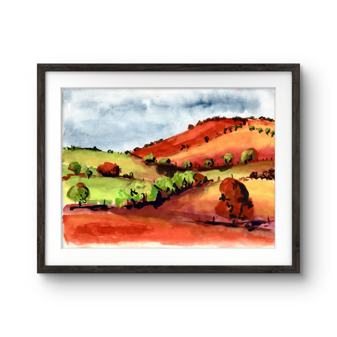 Watercolour art print of a whimsical, abstract landscape - Orange Rolling Hills, hand-painted by Laura Hamzic.