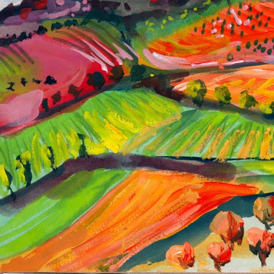 Watercolour art print of a whimsical, abstract landscape - Rainbow Valley, hand-painted by Laura Hamzic.