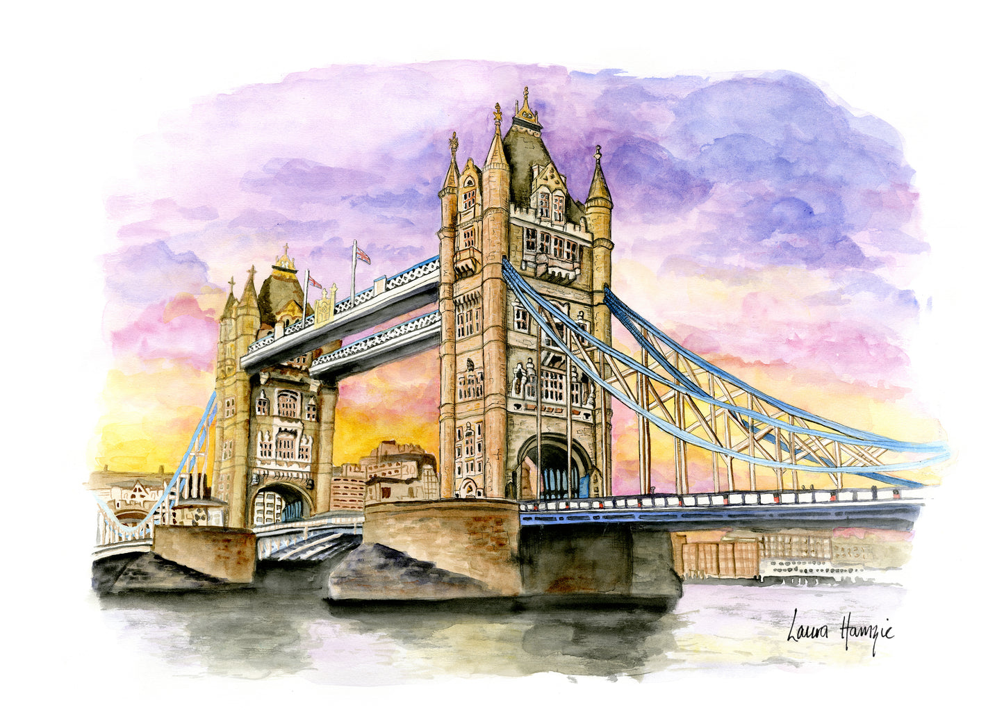 Watercolour art print of the London Tower Bridge at Sunset, hand-painted by Laura Hamzic.