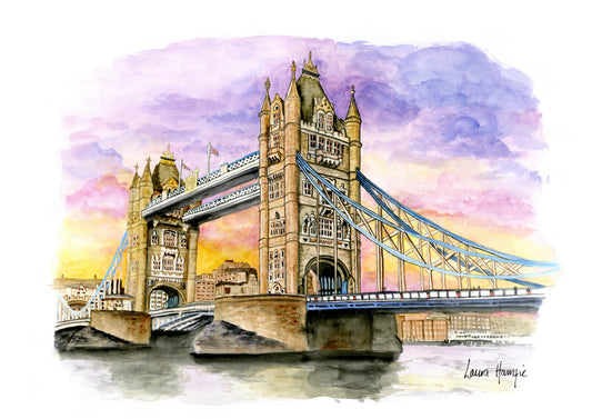 Watercolour art print of the London Tower Bridge at Sunset, hand-painted by Laura Hamzic.