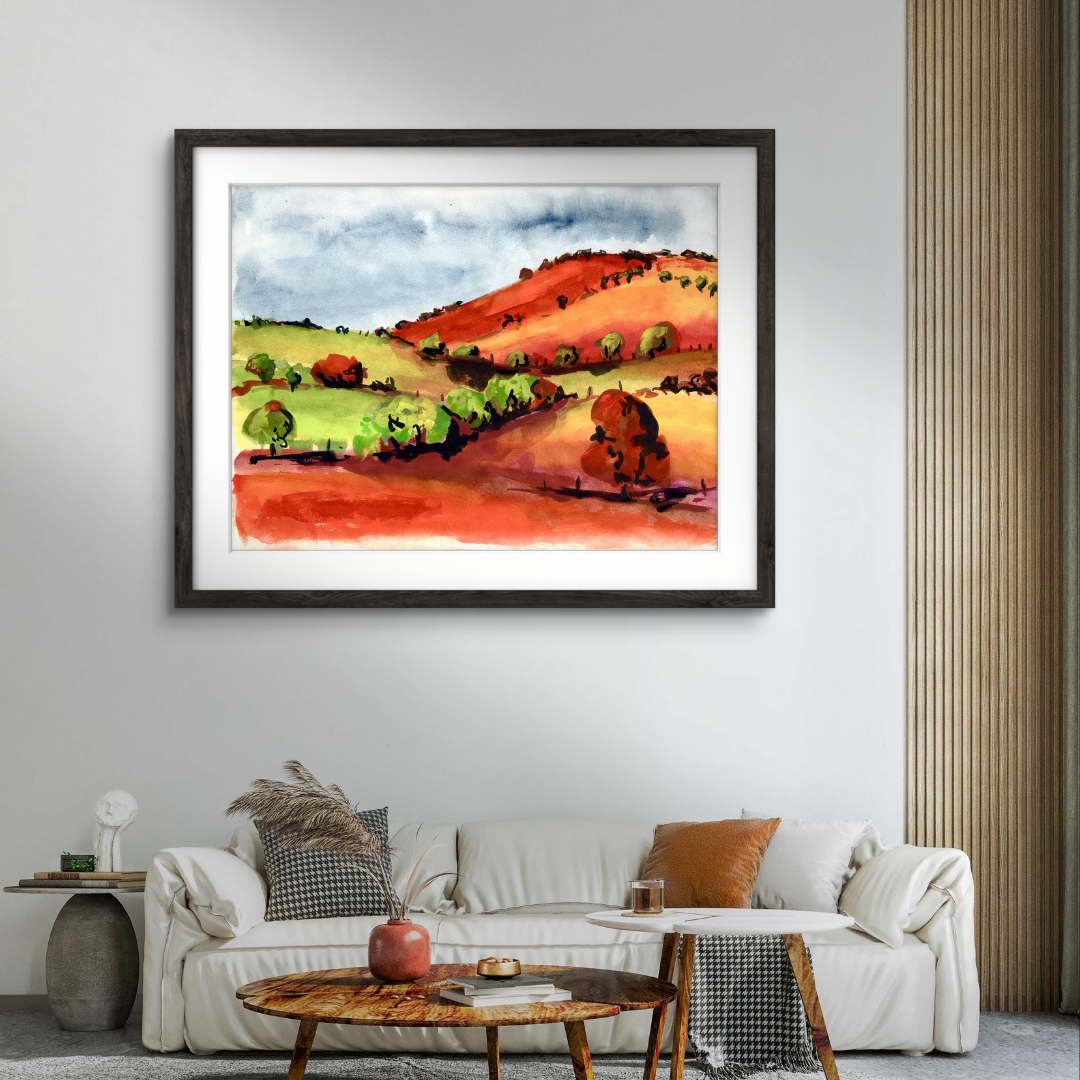 Watercolour art print of a whimsical, abstract landscape - Orange Rolling Hills, hand-painted by Laura Hamzic.