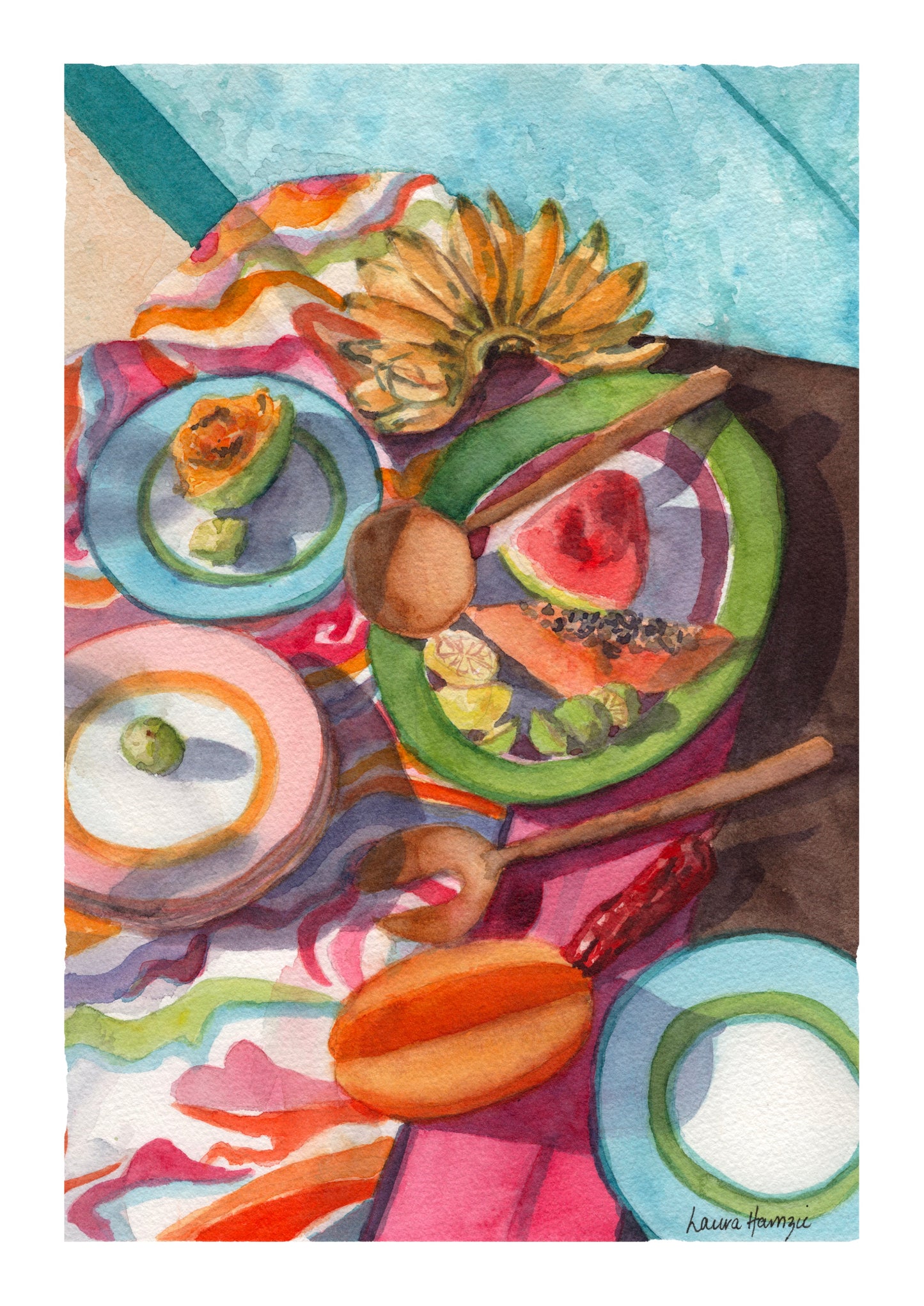 Watercolour art print of a tropical poolside table setting with fruit, fun patterned fabric and bold colours, hand-painted by Laura Hamzic.