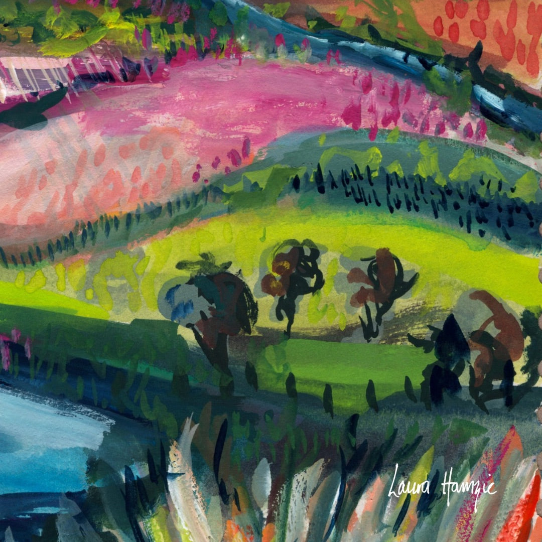 Watercolour art print of a whimsical, abstract landscape - Pink Rolling Hills, hand-painted by Laura Hamzic.