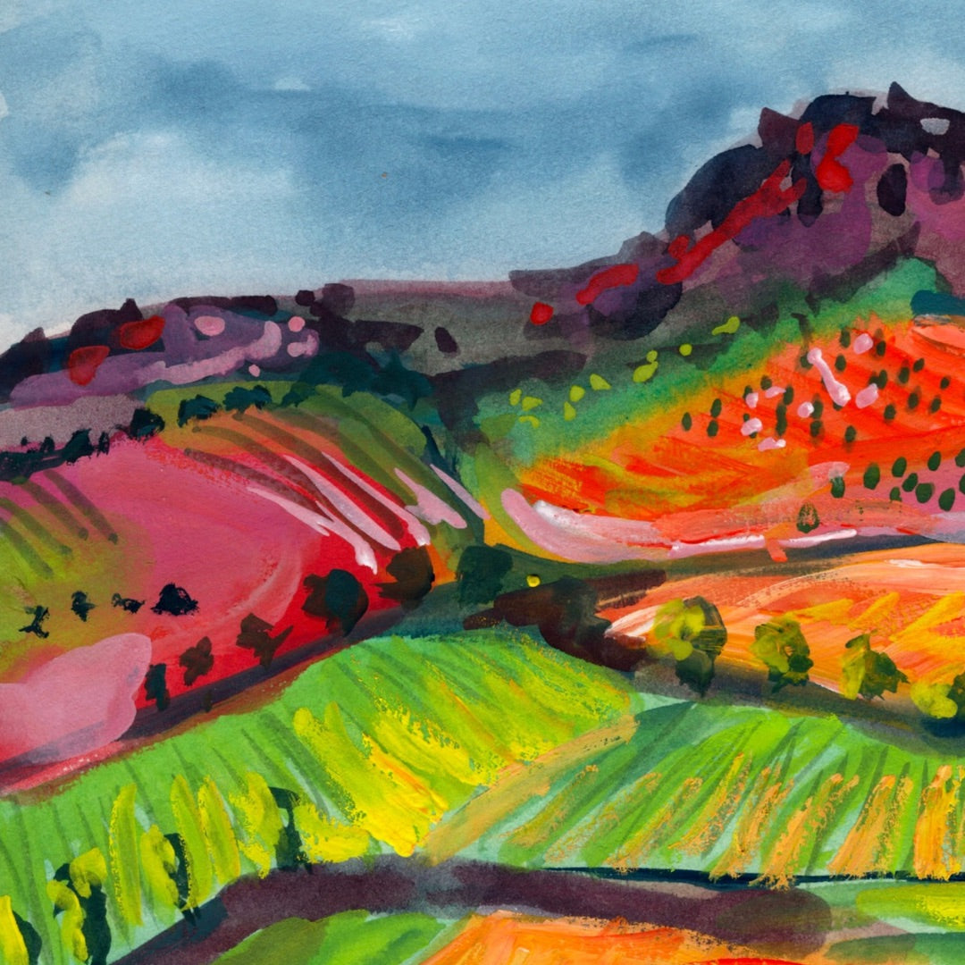 Watercolour art print of a whimsical, abstract landscape - Rainbow Valley, hand-painted by Laura Hamzic.