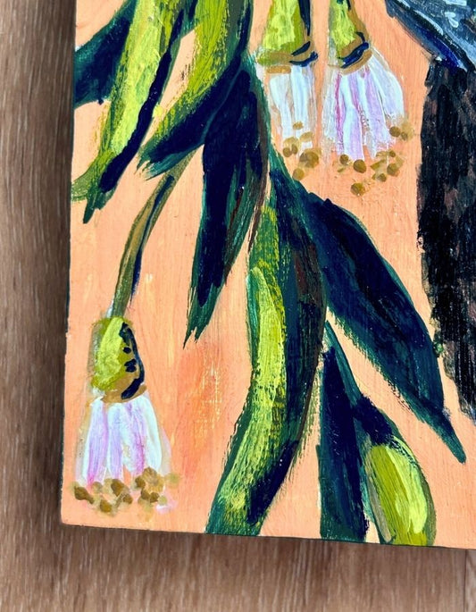 Superb fairy-wren painting with peach background and flowering branches