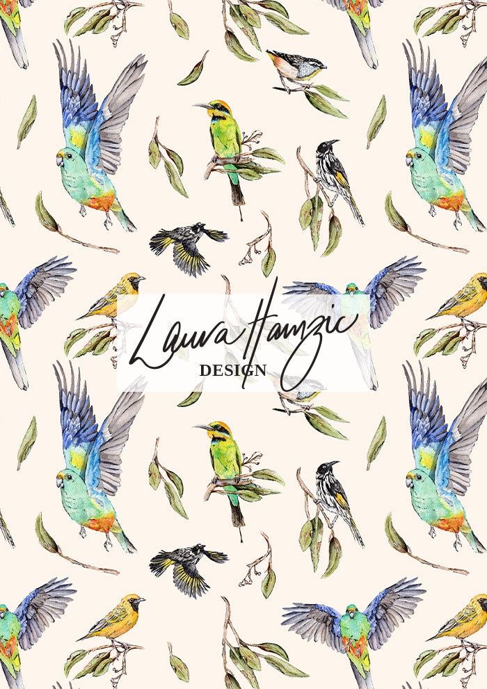 Seamless repeat surface pattern design featuring Australian birds, parrots, hummingbird, honeyeater, pardalote, and finch, with eucalyptus gum leaves. 'Birds Sunday Social Club' by Laura Hamzic, available for fabric, homewares, and product licensing.