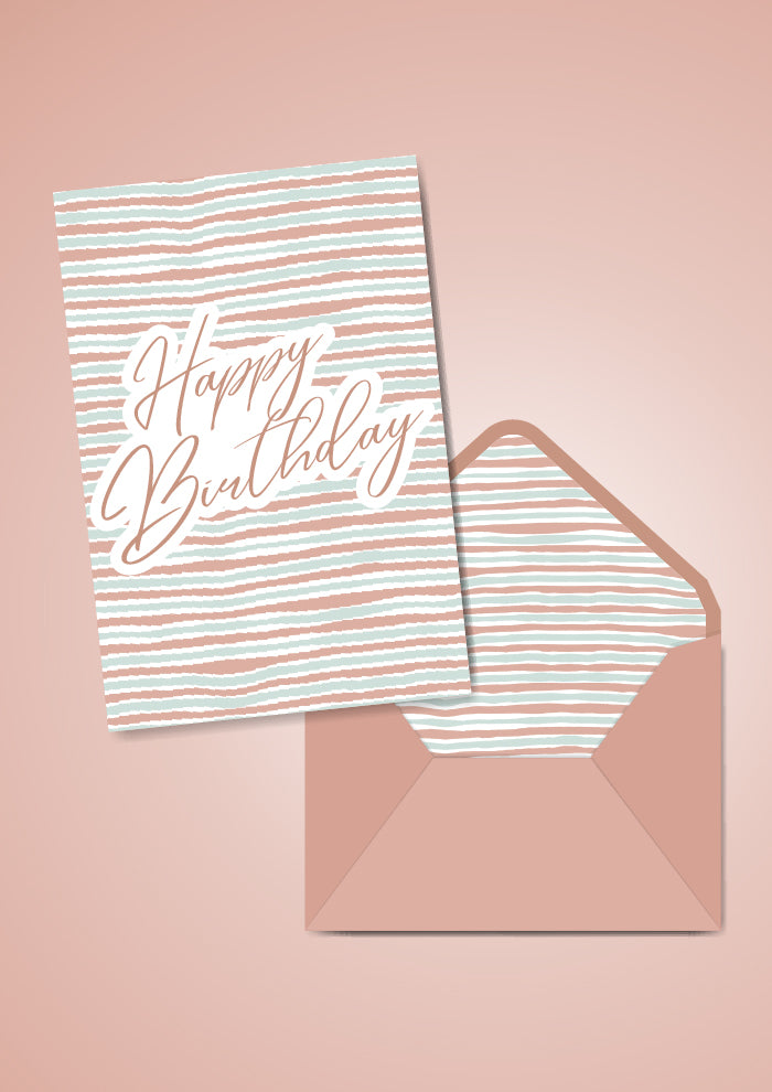 Greeting Card and Envelope with Bush Blush Stripe, softly wavy stripes in blush pink and muted green, airy and organic