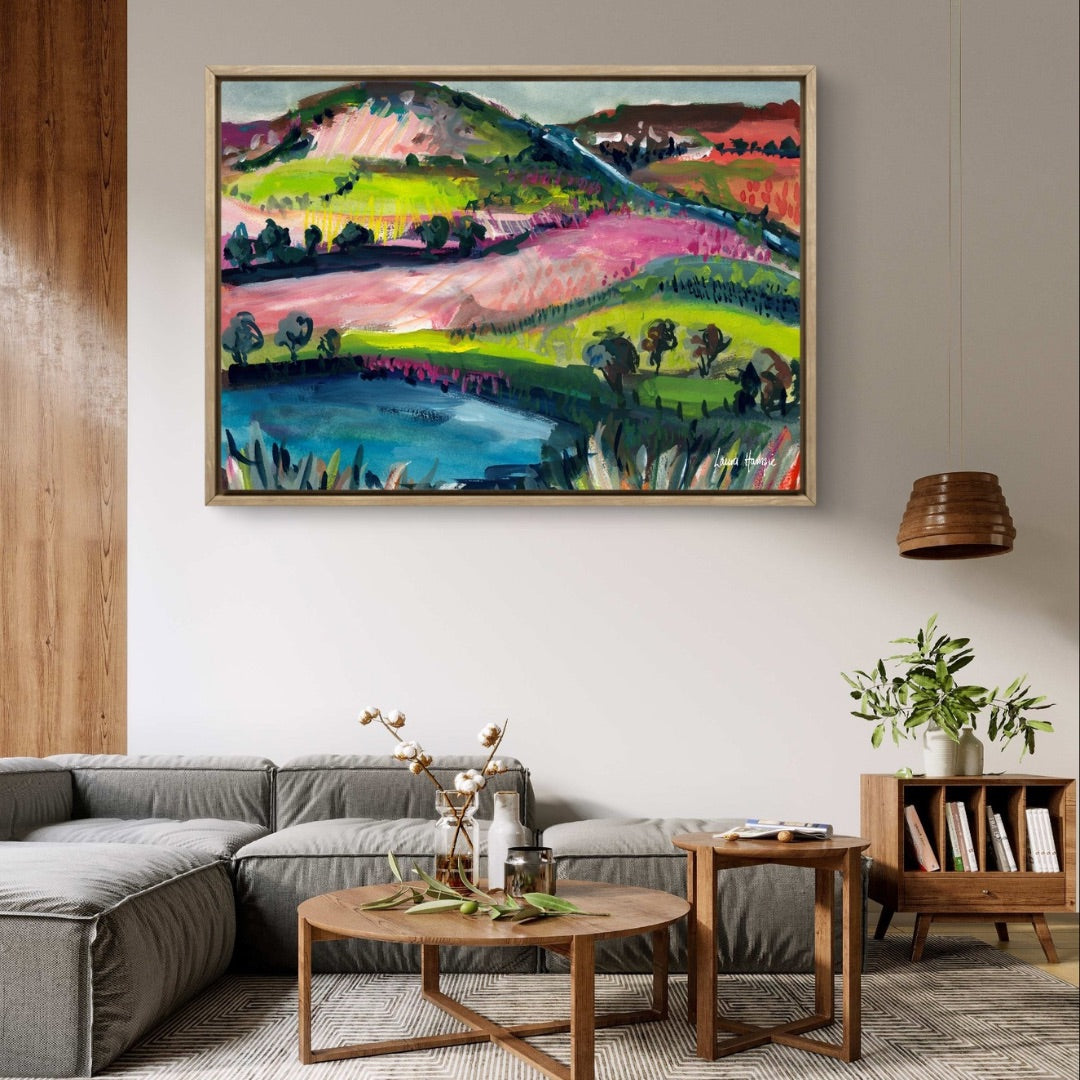 Watercolour art print of a whimsical, abstract landscape - Pink Rolling Hills, hand-painted by Laura Hamzic.
