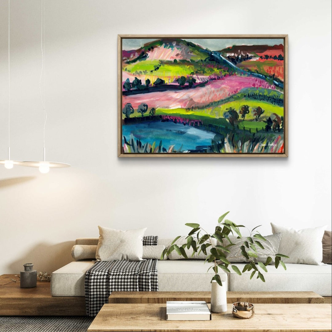Watercolour art print of a whimsical, abstract landscape - Pink Rolling Hills, hand-painted by Laura Hamzic.