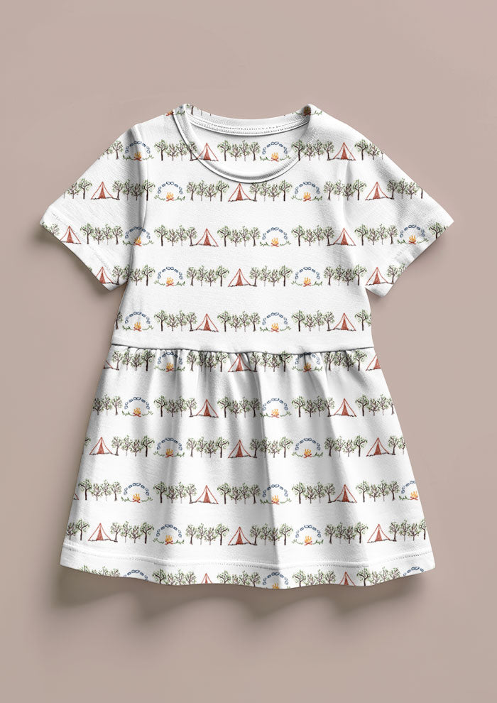 Little girl's dress mockup with the Campfire Nights pattern by Laura Hamzic, Australian surface pattern designer