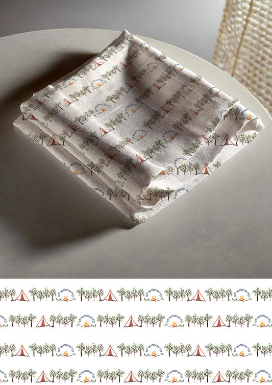 Tea towel mockup featuring the Campfire Nights pattern by Laura Hamzic, Australian surface pattern designer