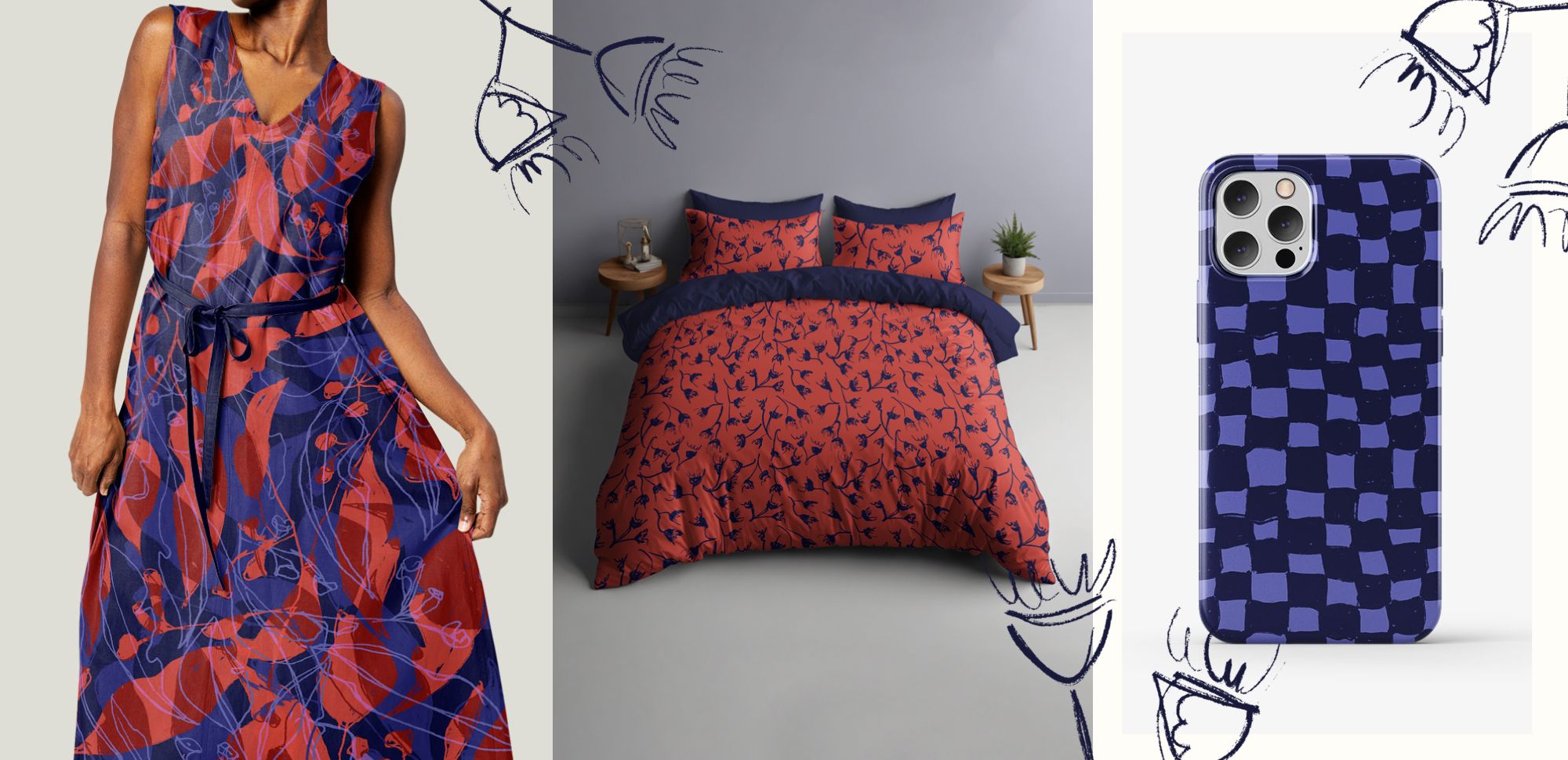 Dress, bedding set, and phone case with red and blue pattern