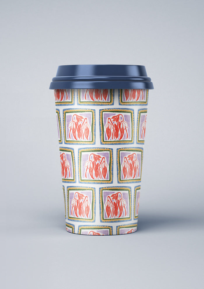 Coffee cup mockup displaying the Chilli Patch pattern by Laura Hamzic, Australian surface pattern designer