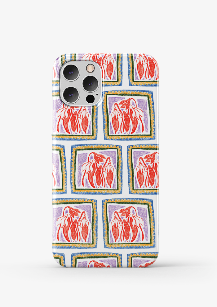 Phone case mockup with the Chilli Patch pattern by Laura Hamzic, Australian surface pattern designer