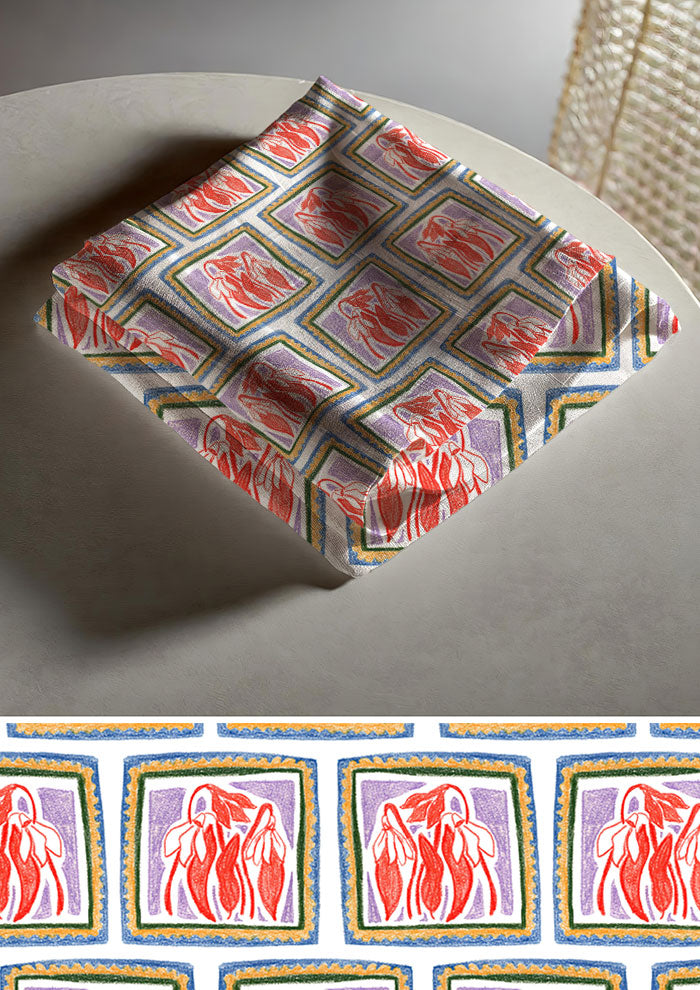 Tea towel mockup showcasing the Chilli Patch pattern by Laura Hamzic, Australian surface pattern designer