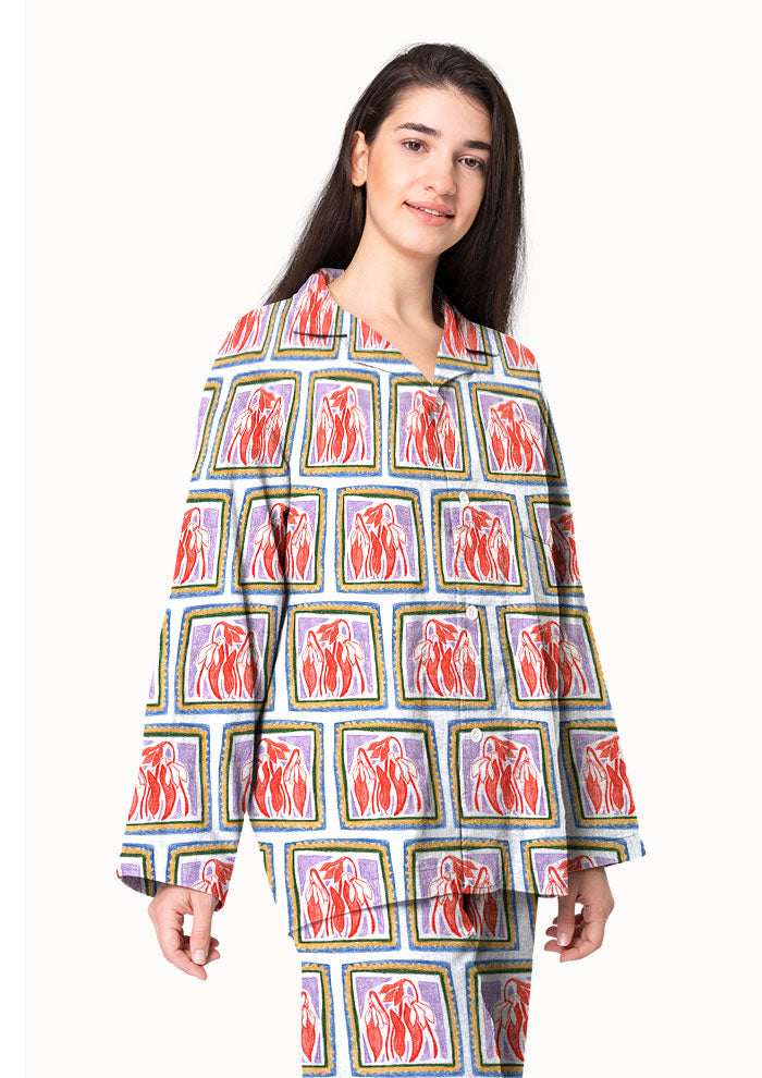 Women's pajamas mockup with the Chilli Patch pattern by Laura Hamzic, Australian surface pattern designer